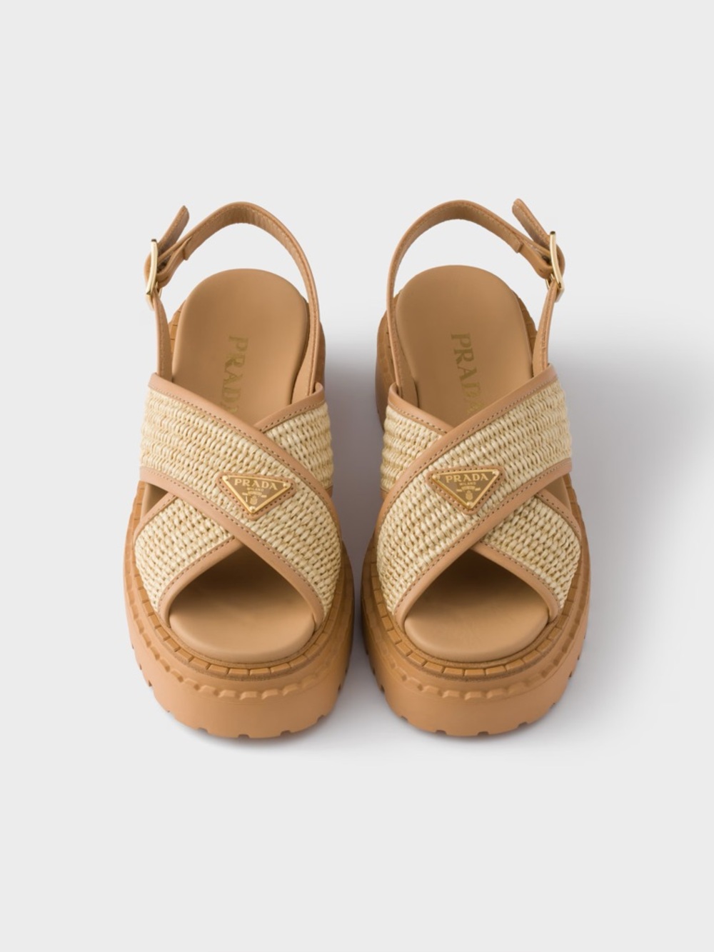 Prada Cream and Tan Raffia Platform Sandals - new in box